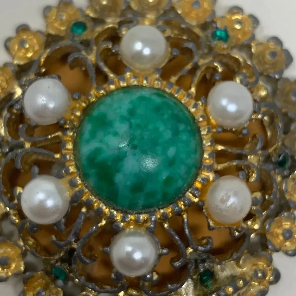 Vtg Ormolu Filigree Gold Gilt Miniature Hand Mirror Faux Pearl Green Cabochon